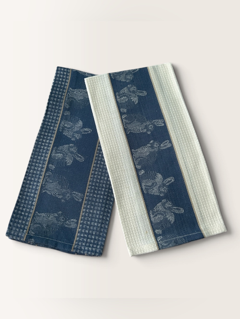 Blue & Cream Rabbit Dish Towels Set of 2 Waffle Weave Jacquard